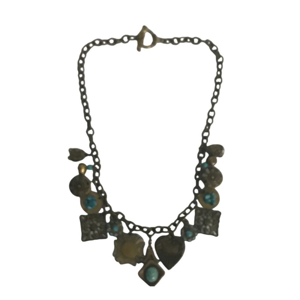 Charm Necklace Womens Gold Bronze Faux Turquoise Stones Rhinestone Toggle Back